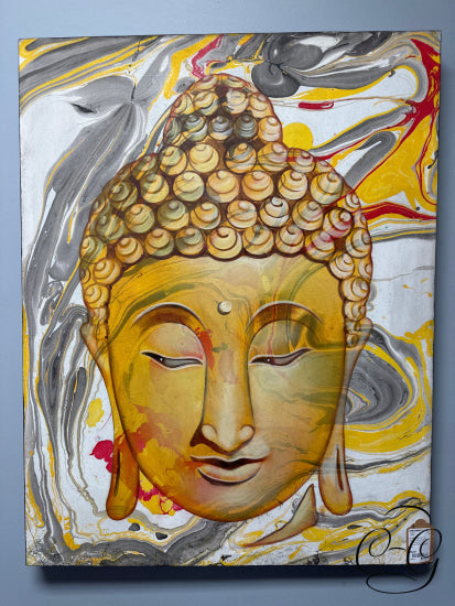 Buddha Learns The Secret Yellow Red Grey On White Acrylic Canvas Picture