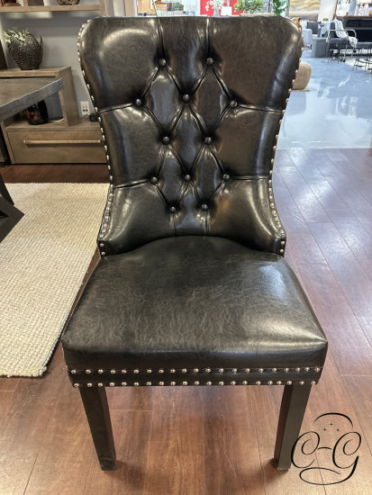 Button Tufted Black Faux Leather Dining Chair W/Chrome Nailheads Ring Detail