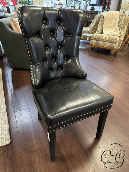 Button Tufted Black Faux Leather Dining Chair W/Chrome Nailheads Ring Detail