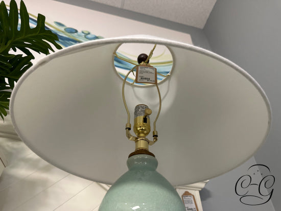 Ceramic Celadon Crackle Design Table Lamp With Round White Shade