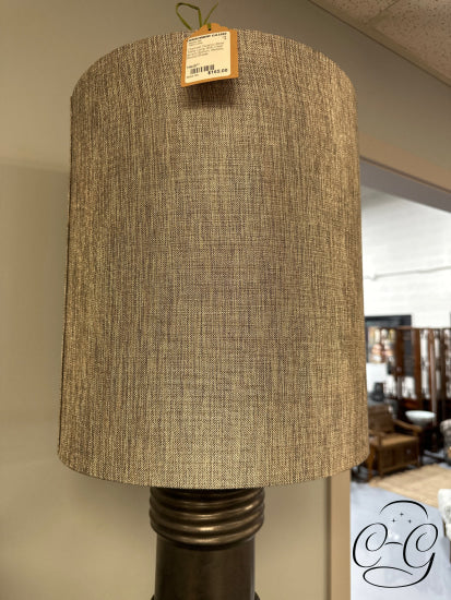 Charcoal Ceramic Base Table Lamp With Metallic Grey Long Drum Shade