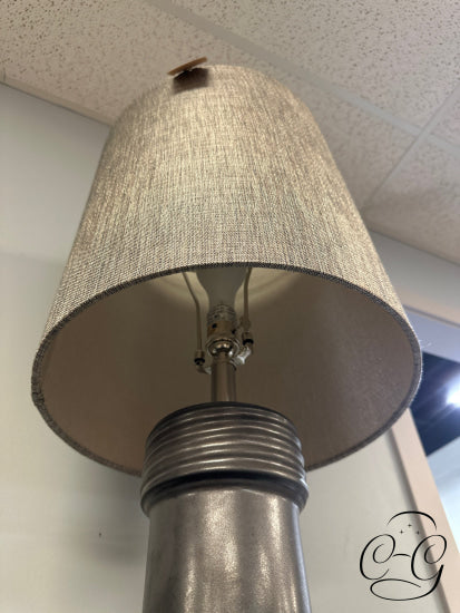 Charcoal Ceramic Base Table Lamp With Metallic Grey Long Drum Shade