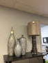 Charcoal Ceramic Base Table Lamp With Metallic Grey Long Drum Shade
