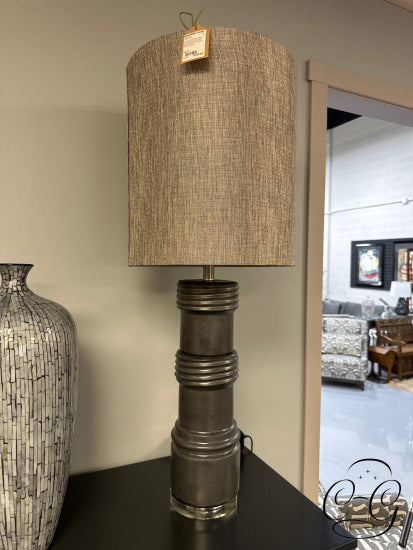 Charcoal Ceramic Base Table Lamp With Metallic Grey Long Drum Shade