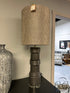 Charcoal Ceramic Base Table Lamp With Metallic Grey Long Drum Shade