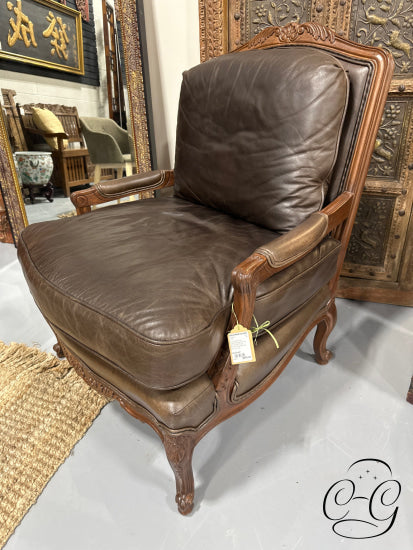 Chocolate Brown Leather Bergere Chair W/Brown Wood Frame/Arms