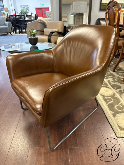 Crate & Barrel Brown Leather Armchair With Grey Metal Base