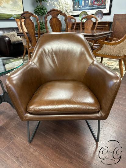 Crate & Barrel Brown Leather Armchair With Grey Metal Base