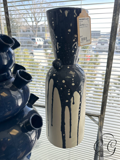 Cream Vase With Navy Flowing Paint Design