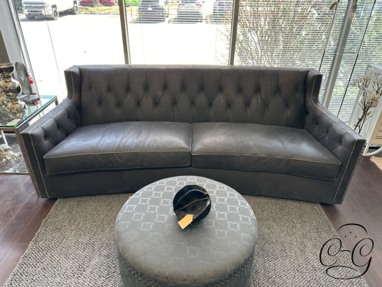 Crescent-Shaped Dark Grey Leather Sofa W/Nailhead Trim Button Tufting 96x41x35’’ Leather Sofa