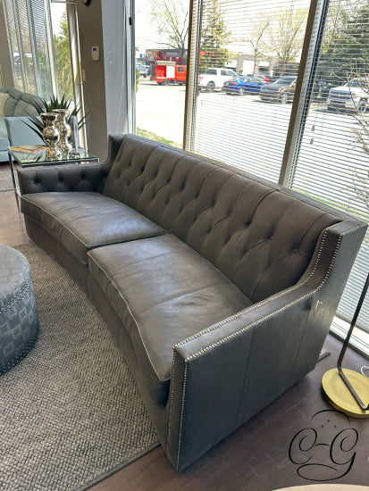 Crescent-Shaped Dark Grey Leather Sofa W/Nailhead Trim Button Tufting 96x41x35’’ Leather Sofa