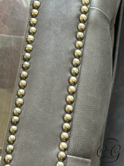 Crescent-Shaped Dark Grey Leather Sofa W/Nailhead Trim Button Tufting 96x41x35’’ Leather Sofa