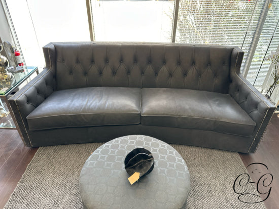 Crescent-Shaped Dark Grey Leather Sofa W/Nailhead Trim Button Tufting 96x41x35’’ Leather Sofa