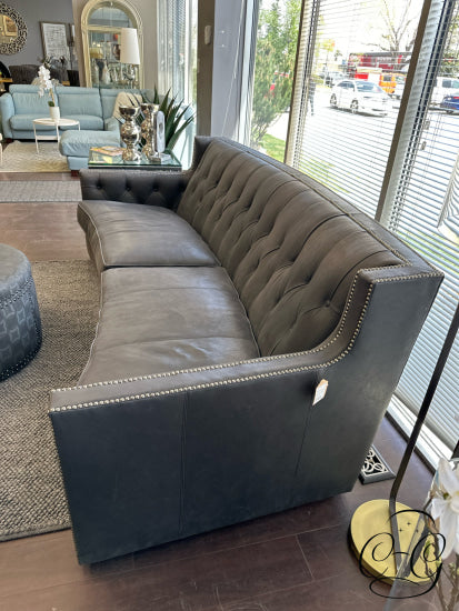 Crescent-Shaped Dark Grey Leather Sofa W/Nailhead Trim Button Tufting 96x41x35’’ Leather Sofa