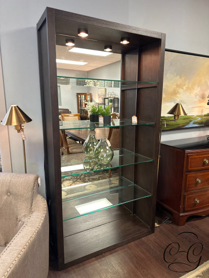 Dark Brown Open Bookshelf With 4 Glass Shelves 2 Lights Shelving Unit