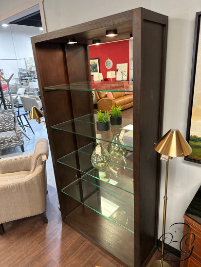 Dark Brown Open Bookshelf With 4 Glass Shelves 2 Lights Shelving Unit