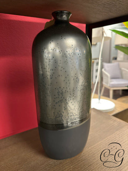 Dark Grey Metallic Finish Ceramic Vase W/Upper Dot Pattern Exterior (LG) 6x15’’ Home Decor
