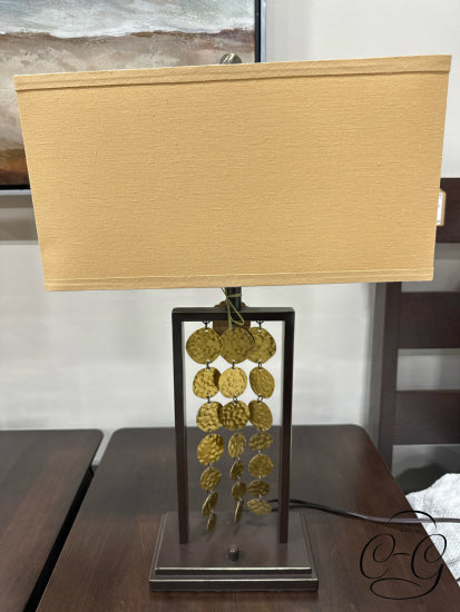 Dark Metal Rectangular Body Table Lamp W/3 Rows Of Hanging Gold Discs 16x7x25’’ Table Lamp
