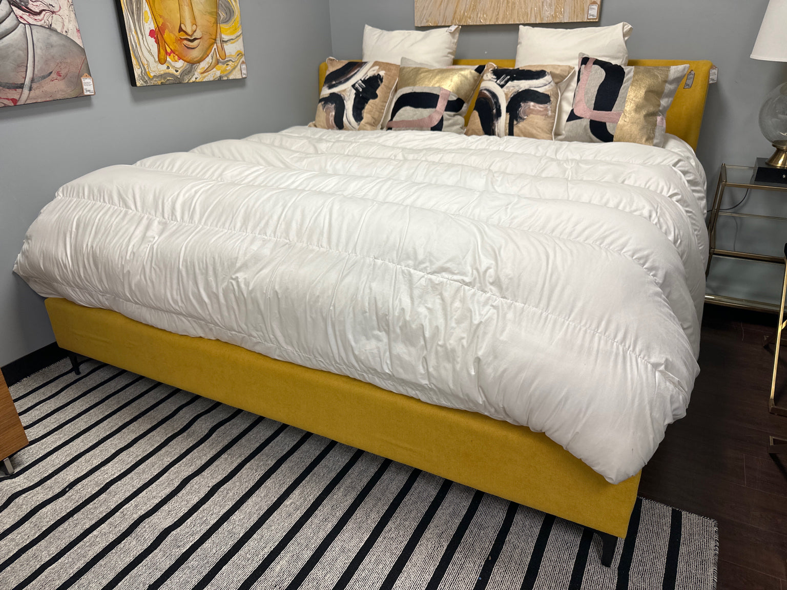 Mustard Fabric King Platform Bed, Metal Legs, Curved HB, Slats, FB, Rails