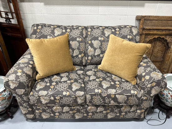 Charcoal With Cream/Tan Floral Pattern Fabric Loveseat 2 Tan Toss Pillows Love