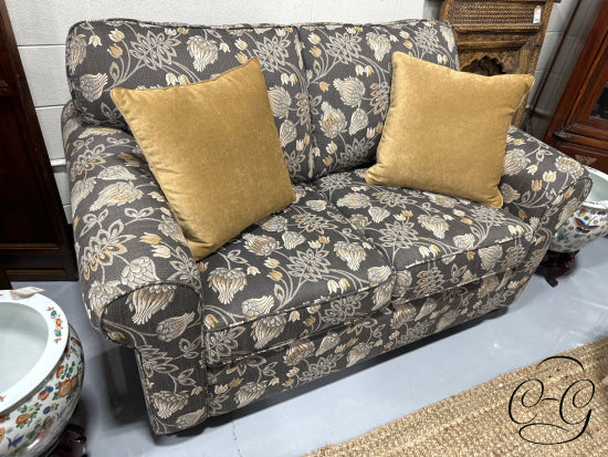 Charcoal With Cream/Tan Floral Pattern Fabric Loveseat 2 Tan Toss Pillows Love