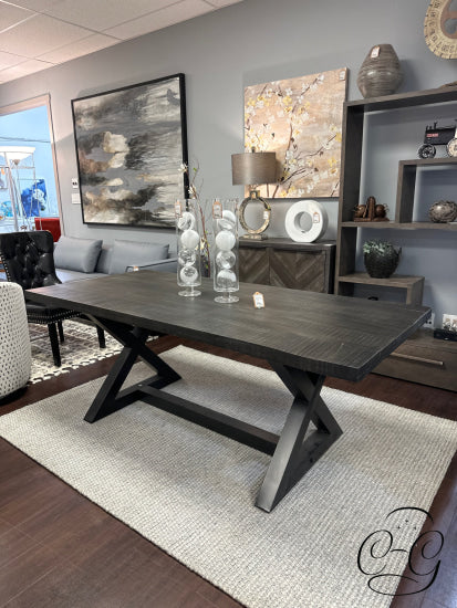 Distressed Dark Grey Mango Wood Dining Table W/Blk Finish Cast Iron Base Only