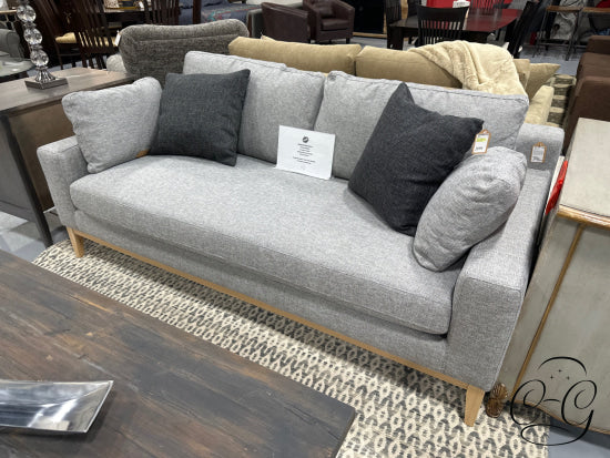 Dove Grey Sofa With Bench Seat Natural Oak Wood Base 2 Toss Cushions Apartment