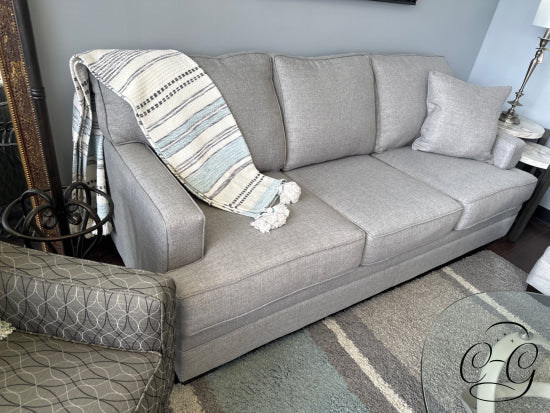 Dynasty Dark Grey Fabric 3 Seat Sofa With Attached Backs Espresso Legs