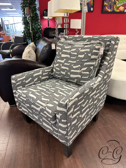 Dynasty Grey Arm Chair W/Cream Dachshunds Print Fabric Pillow Espresso Legs
