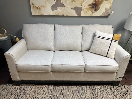 Dynasty Linen Look Fabric Condo Sofa W/Attached Back Cushions Espresso Base