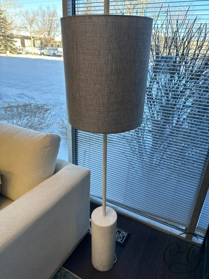 Eq3 White Drum Heavy Marble Base Table Lamp With Grey/Silver Shade Floor