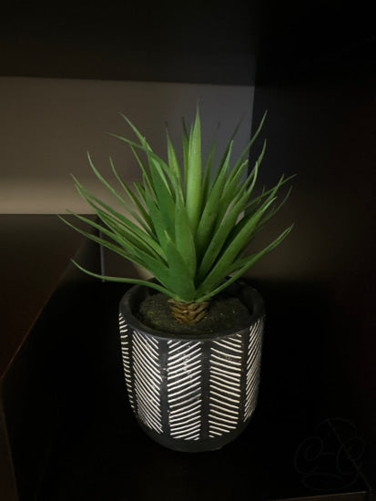 Round Black Pot With White Stripes Artificial Grass Greenery
