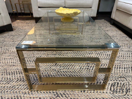 Glass Top Coffee Table With Polished Gold Finish Geometirc Design Frame