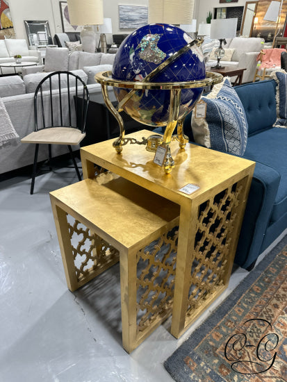 Gold Foil Finish Set Of 2 Nesting Tables With Patterned Sides End