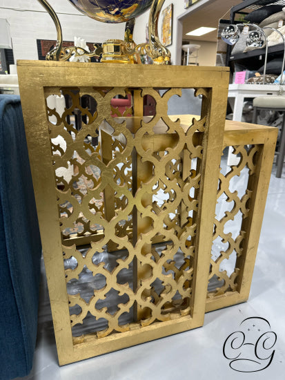 Gold Foil Finish Set Of 2 Nesting Tables With Patterned Sides End