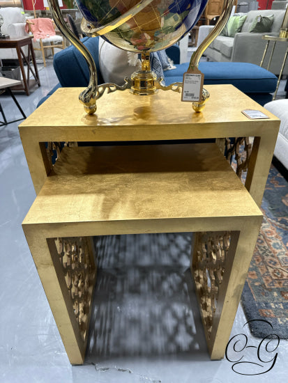 Gold Foil Finish Set Of 2 Nesting Tables With Patterned Sides End