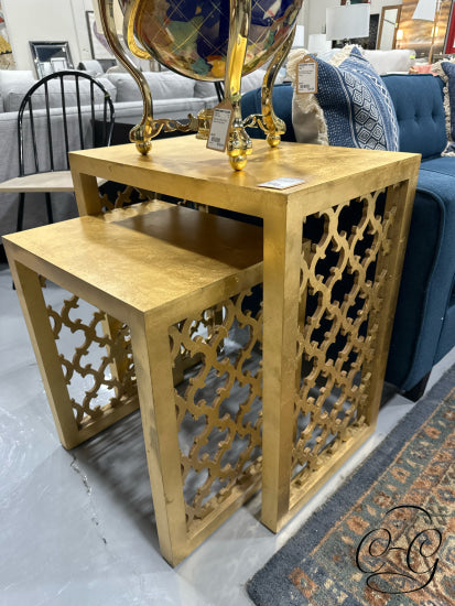 Gold Foil Finish Set Of 2 Nesting Tables With Patterned Sides End