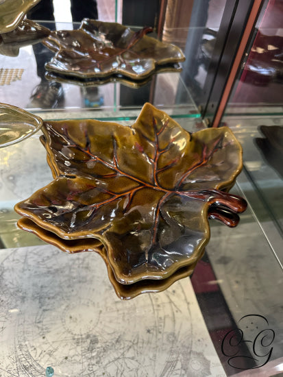 Green/Brown Maple Leaf Design Set Of 7 Stoneware Plates (1 Large/6 Small) Dinnerware