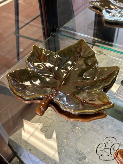 Green/Brown Maple Leaf Design Set Of 7 Stoneware Plates (1 Large/6 Small) Dinnerware