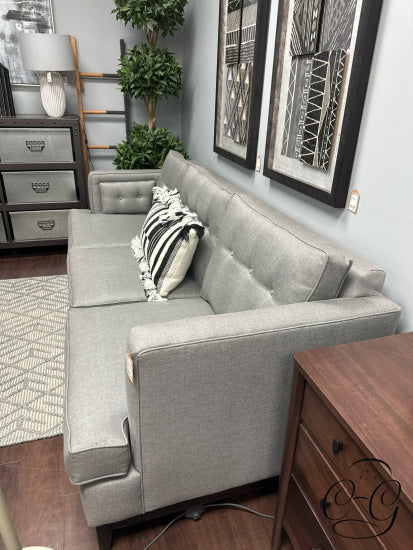 Grey 3 Seater Sofa Button Tufted Back Cushions Espresso Wood Trim Base/Legs