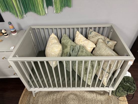 Grey Finish Crib With Mattress & Green Fitted Sheet