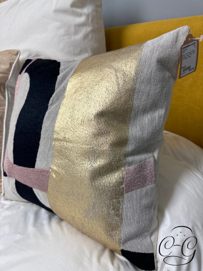 Grey Gold Black Patch Design Toss Pillow With Tan Button Back