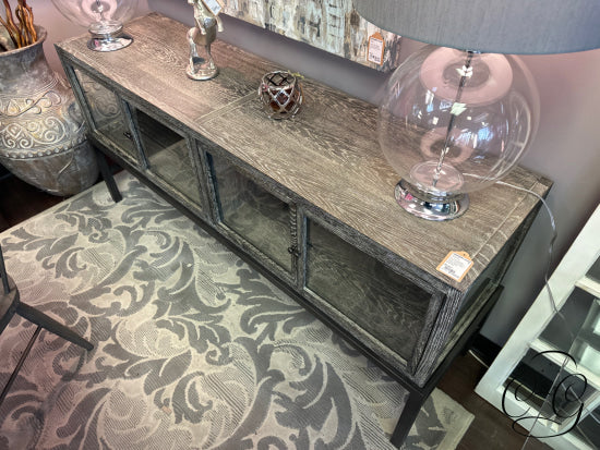 Grey Wire Brushed Finish Console With 4 Glass Doors 2 Shelves Table