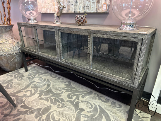 Grey Wire Brushed Finish Console With 4 Glass Doors 2 Shelves Table