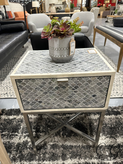Grey/White Fish Scale Pattern Inlayed Nightstand With Drop Down Drawer Night-Table