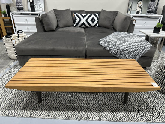 Indoor/Outdoor Teak Finish Slatted Design Coffee Table W/Dk Brown Metal Legs
