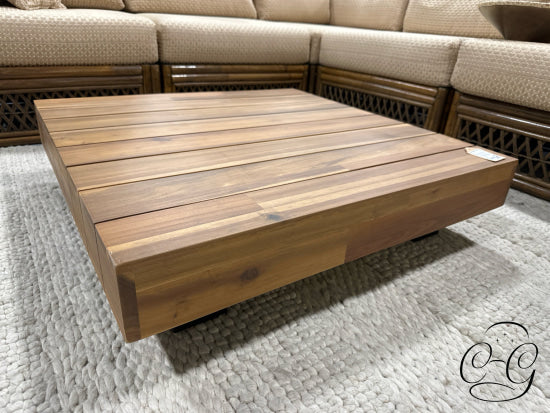 Indoor/Outdoor Teak Stain Solid Acacia Coffee Table Black Steel Legs 33x8’’ Coffee