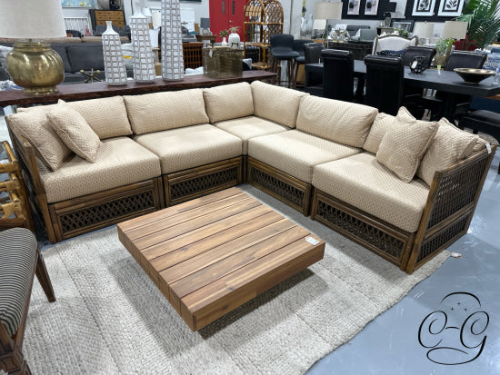 Indoor/Outdoor Teak Stain Solid Acacia Coffee Table Black Steel Legs 33x8’’ Coffee