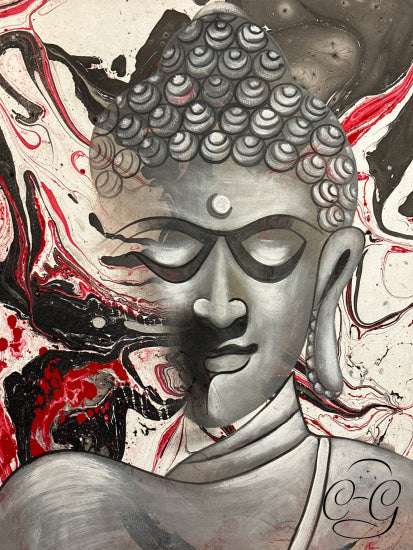 Inhaling Buddha Head Red Black Grey On White Acrylic Canvas Picture