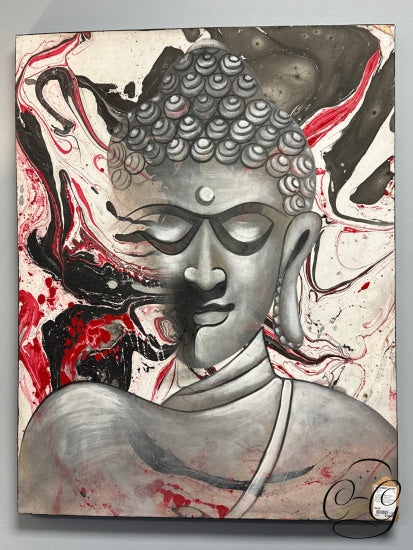 Inhaling Buddha Head Red Black Grey On White Acrylic Canvas Picture